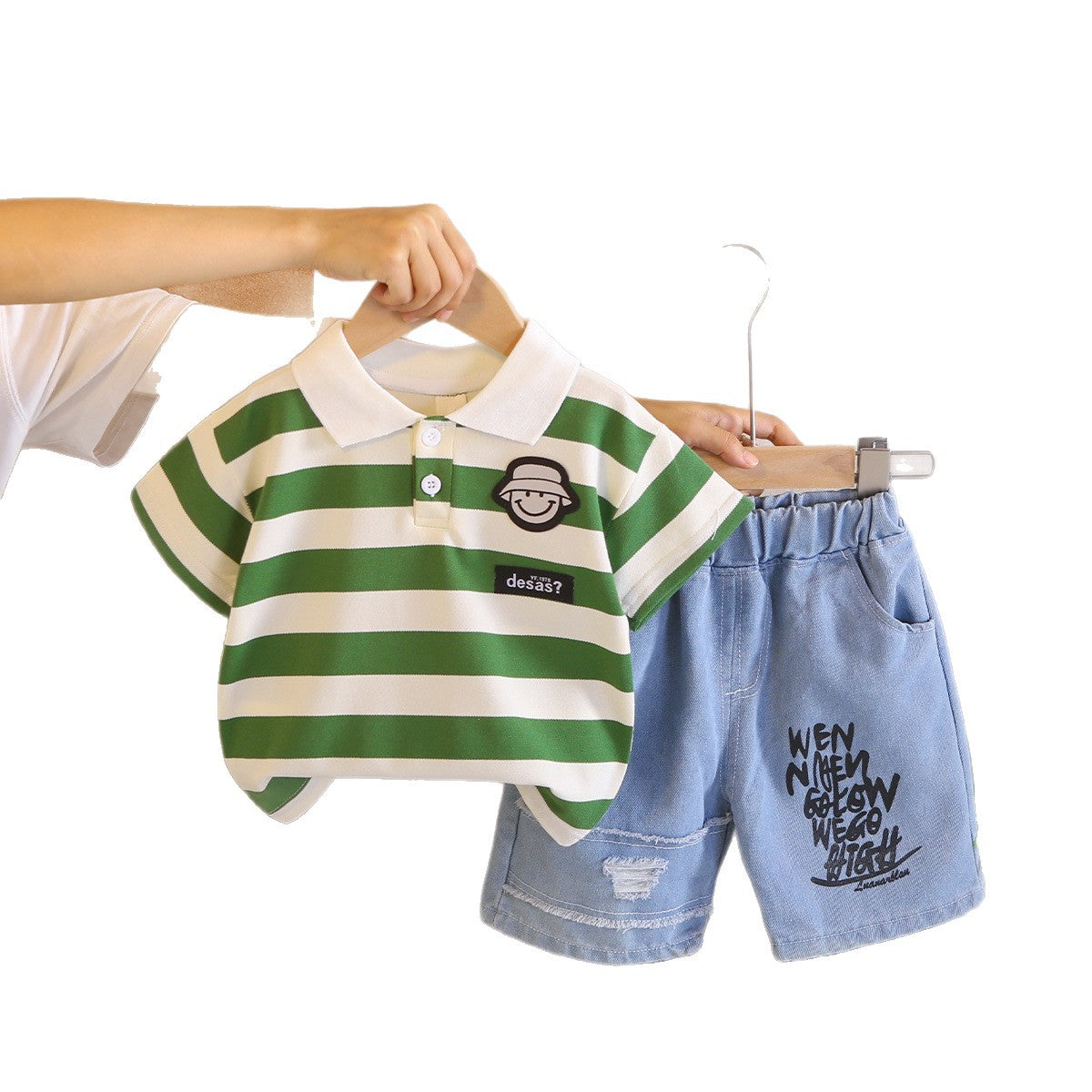 Baby striped polo shirt short sleeved two-piece set