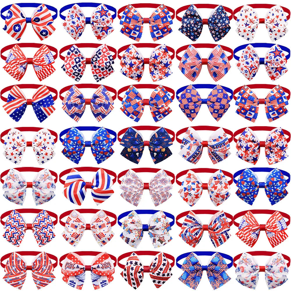 Holiday Dog Bows 5/10PCS Independence Day, July 4th Adjustable Dog Bowties Flag Print Pet Collars For Dogs and Cats Accessories