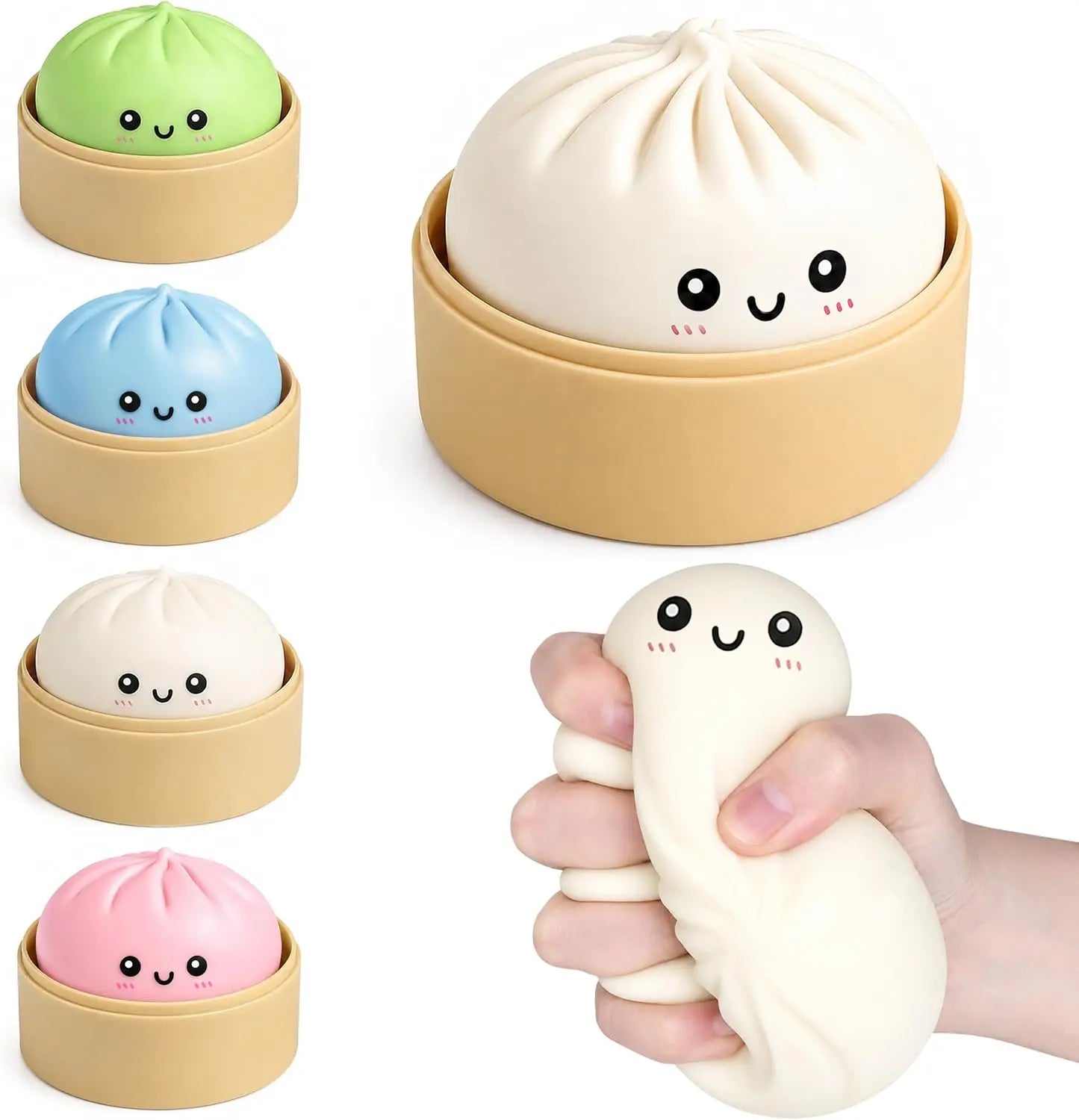 Upgraded Mystery Dumpling Squishies with Box - Crazy Fun Bao Bun Stress Ball - Sensory Food Squeeze Toys for Stress Relief - Textured Squeeze Fidget Toy for Birthday Gifts / Party Favors (White)