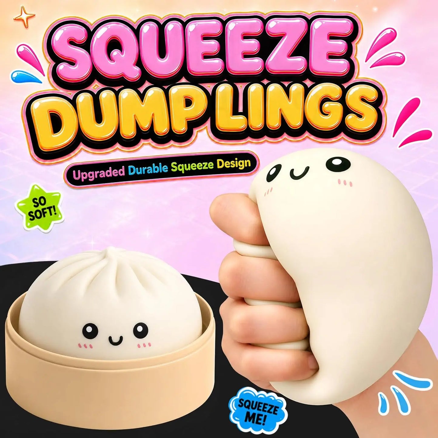 Upgraded Mystery Dumpling Squishies with Box - Crazy Fun Bao Bun Stress Ball - Sensory Food Squeeze Toys for Stress Relief - Textured Squeeze Fidget Toy for Birthday Gifts / Party Favors (White)