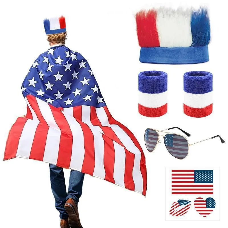 American Flag Cape Costume USA Patriotic Accessories Olympic Sports Cheering 4th of July Outfit 250th Anniversary Apparel Wigs