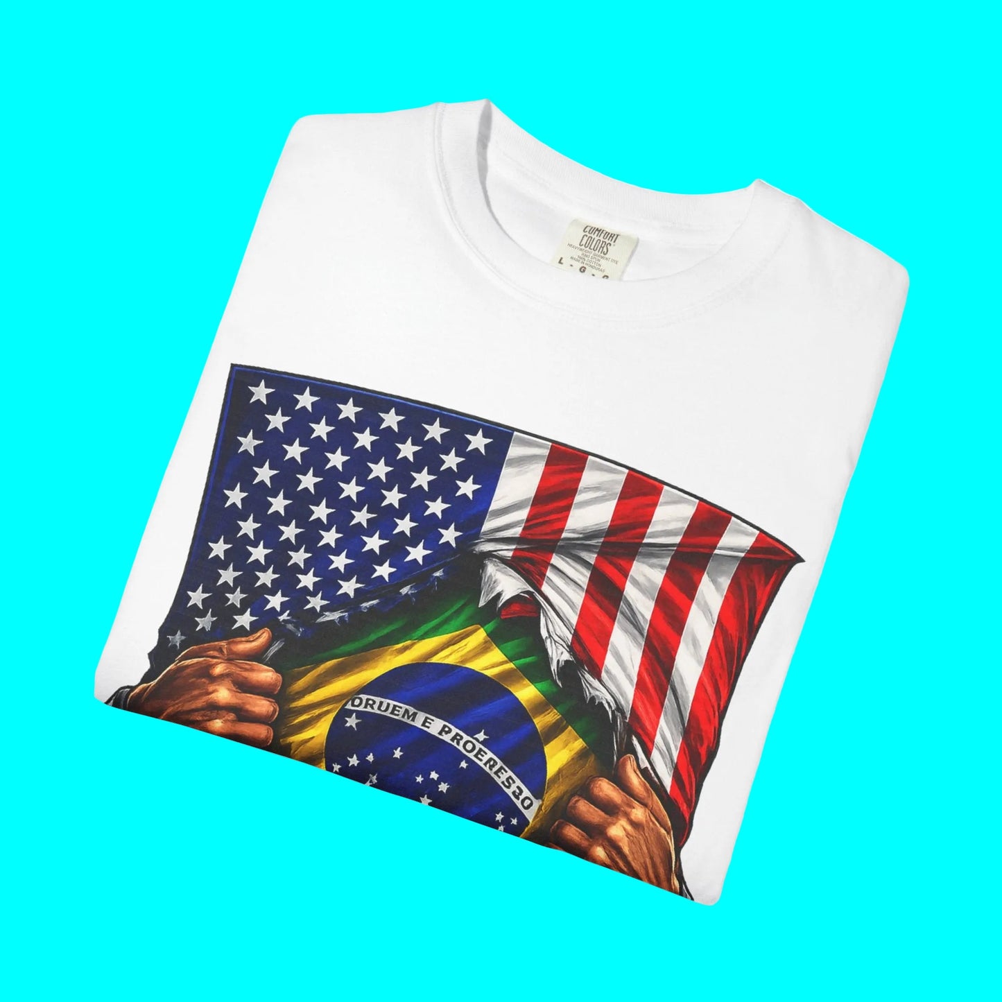 Brazil Flag + USA Flag Heritage T-shirt | Brazilian + American Culture Flag Rip 4th Of July | Funny Viral Latino Tees | Heavyweight Cotton
