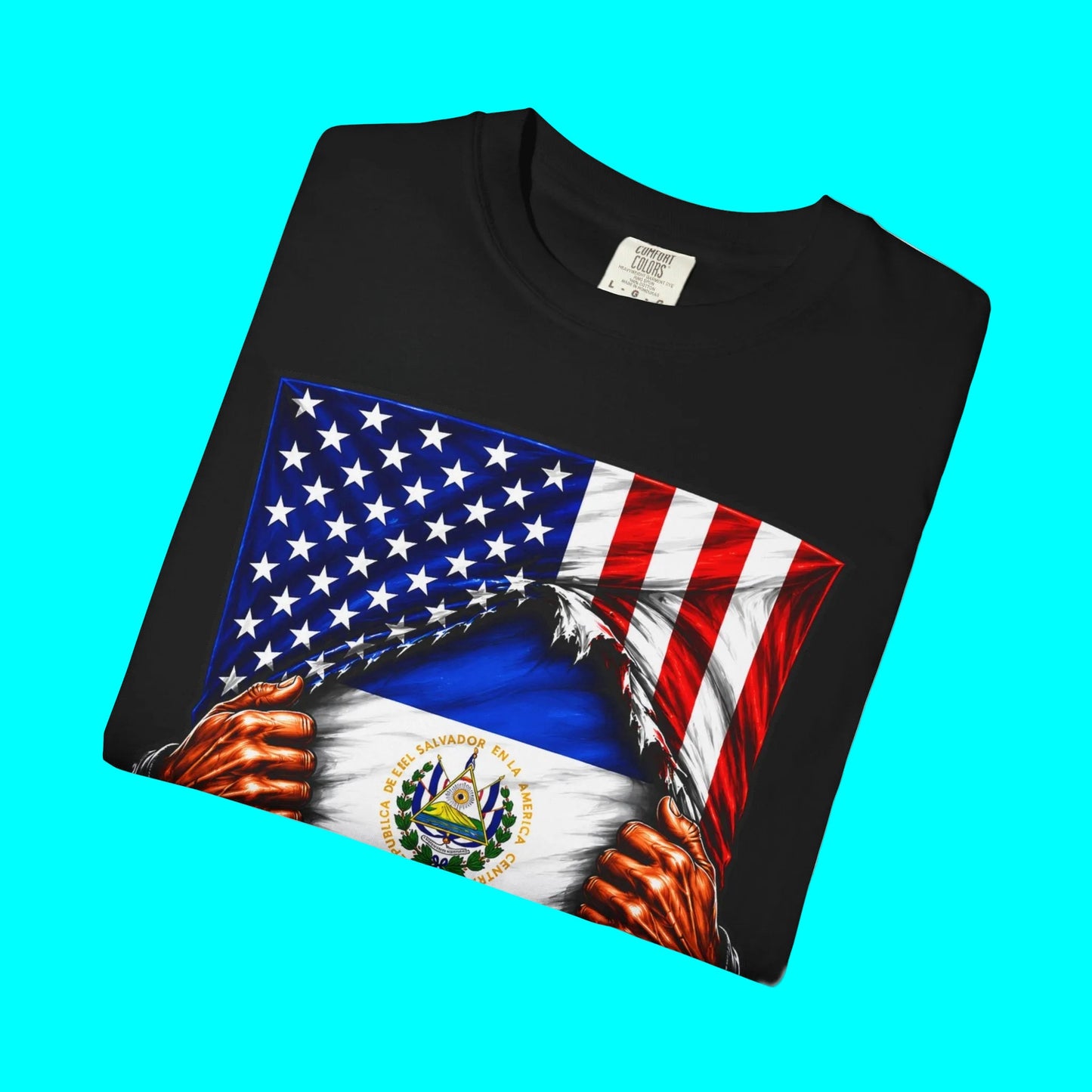 El Salvador Flag + USA Flag Heritage T-shirt | Salvadorian + American Culture Flag Rip 4th Of July | Funny Viral Latino Tees | Heavyweight Cotton