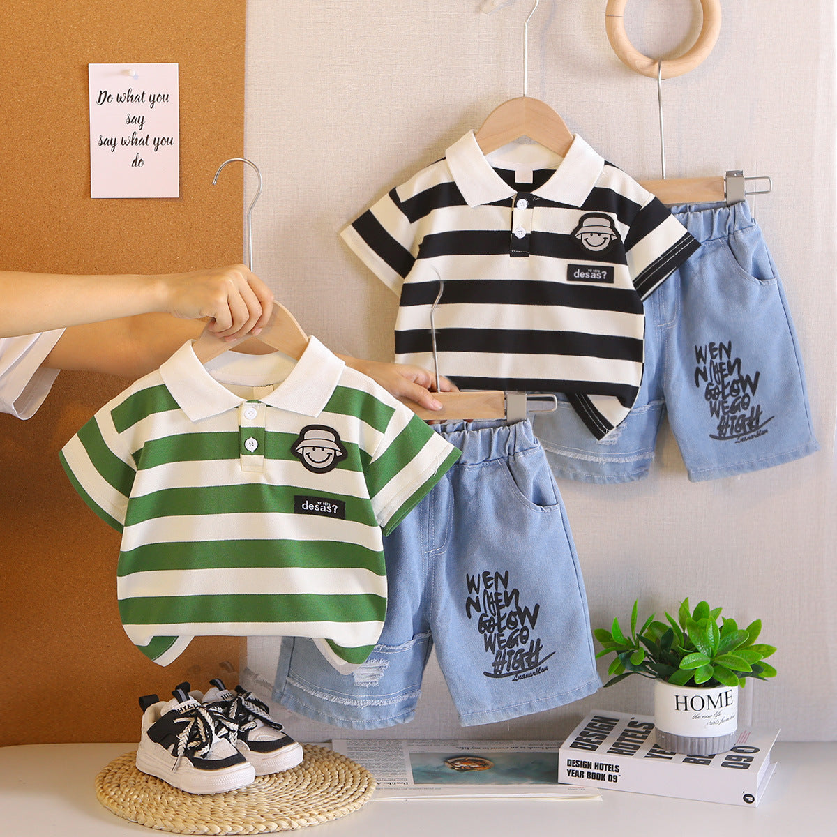 Baby striped polo shirt short sleeved two-piece set
