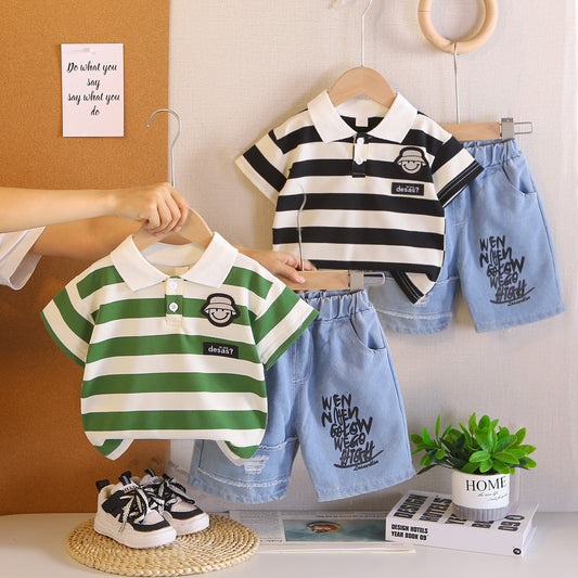 Baby striped polo shirt short sleeved two-piece set