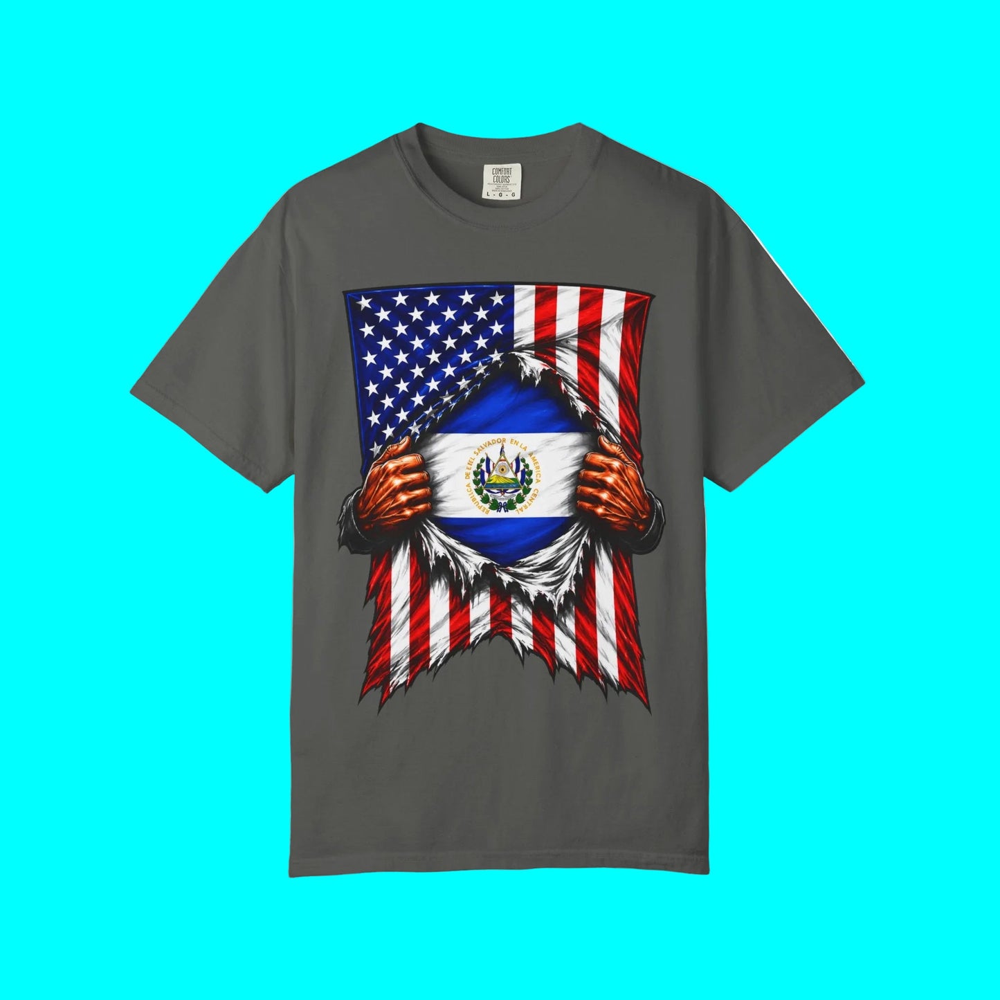 El Salvador Flag + USA Flag Heritage T-shirt | Salvadorian + American Culture Flag Rip 4th Of July | Funny Viral Latino Tees | Heavyweight Cotton