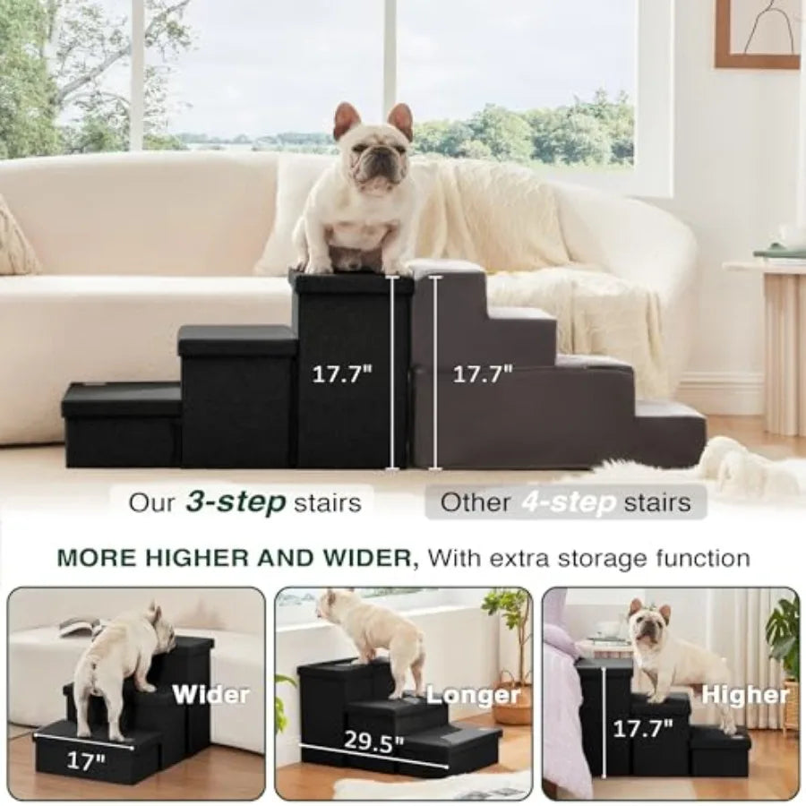 Dog Stairs with Storage, 3 Steps Wider Dog Steps for High Bed 18 H, Foldable Pet Stairs for Small Medium Large Dogs Cats for Be