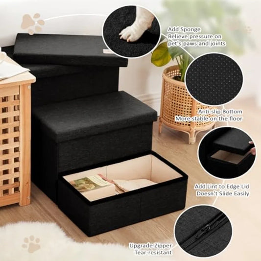 Dog Stairs with Storage, 3 Steps Wider Dog Steps for High Bed 18 H, Foldable Pet Stairs for Small Medium Large Dogs Cats for Be