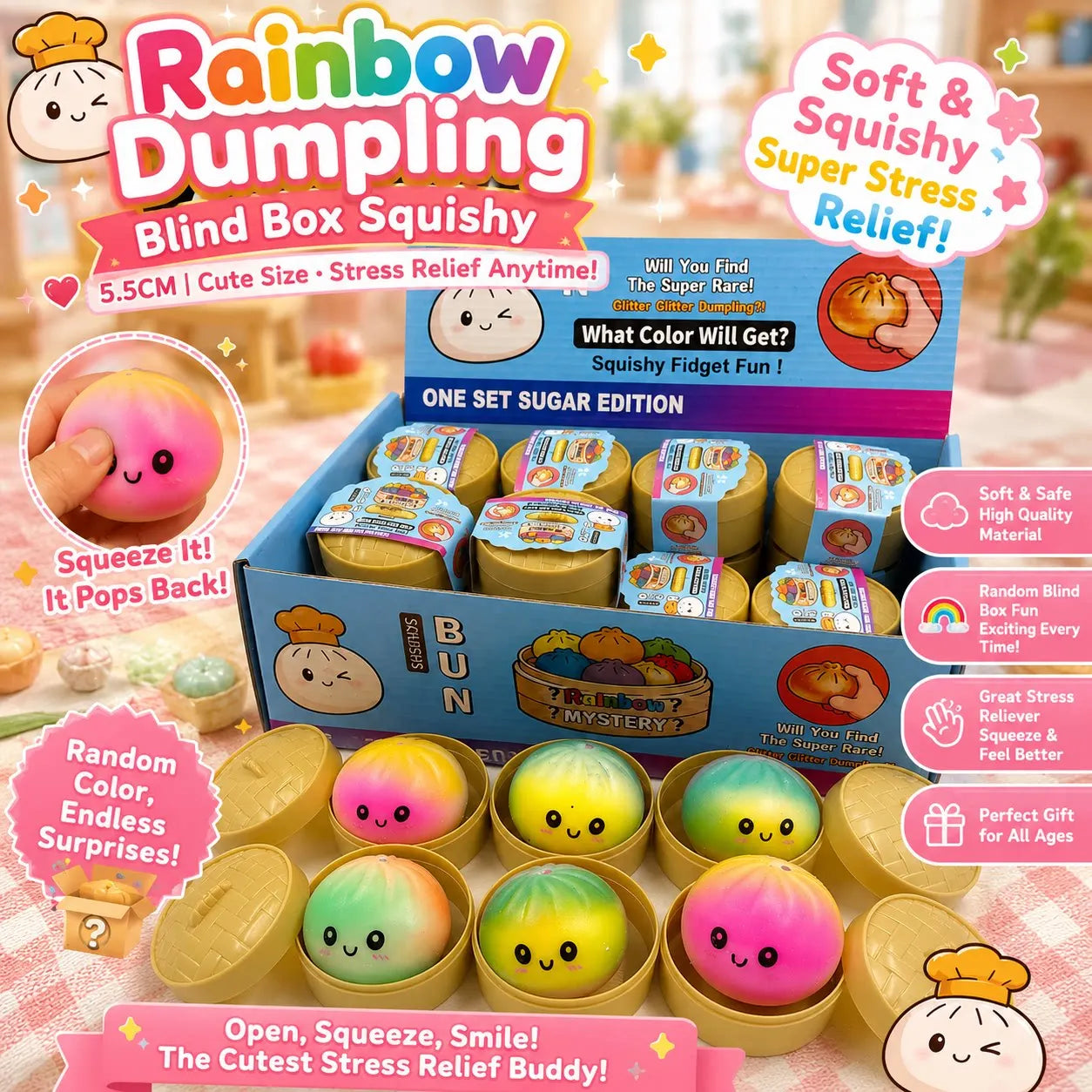 Glitter Colorful Dumpling Squishy Stress Ball Slow Rebound Squeeze Toy Decompression Prank Surprise Blind Box Gift