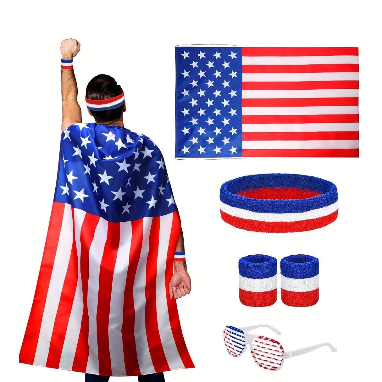 American Flag Cape Costume USA Patriotic Accessories Olympic Sports Cheering 4th of July Outfit 250th Anniversary Apparel Wigs