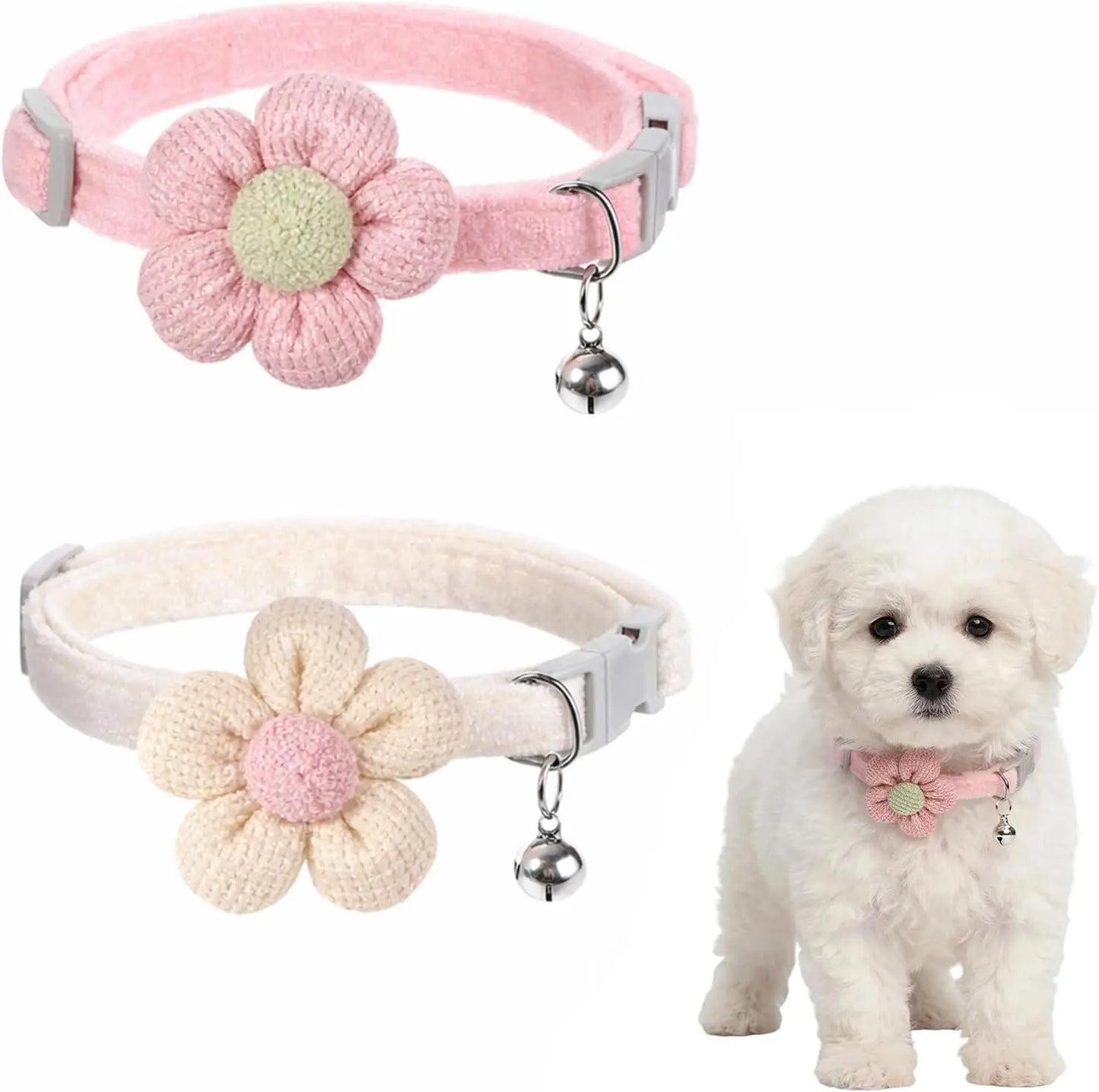 2 Pack Small Floral Dog Collar with Bell, Puppy Collar with Bell and Flower Adjustable Dog Collars Soft Safety Pet Collars