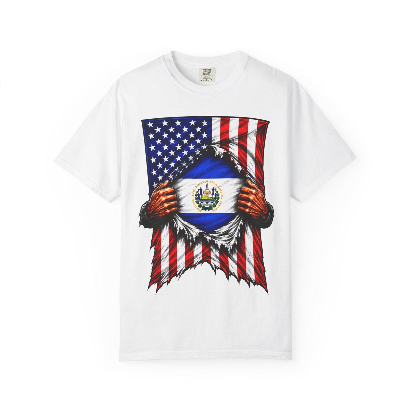 El Salvador Flag + USA Flag Heritage T-shirt | Salvadorian + American Culture Flag Rip 4th Of July | Funny Viral Latino Tees | Heavyweight Cotton