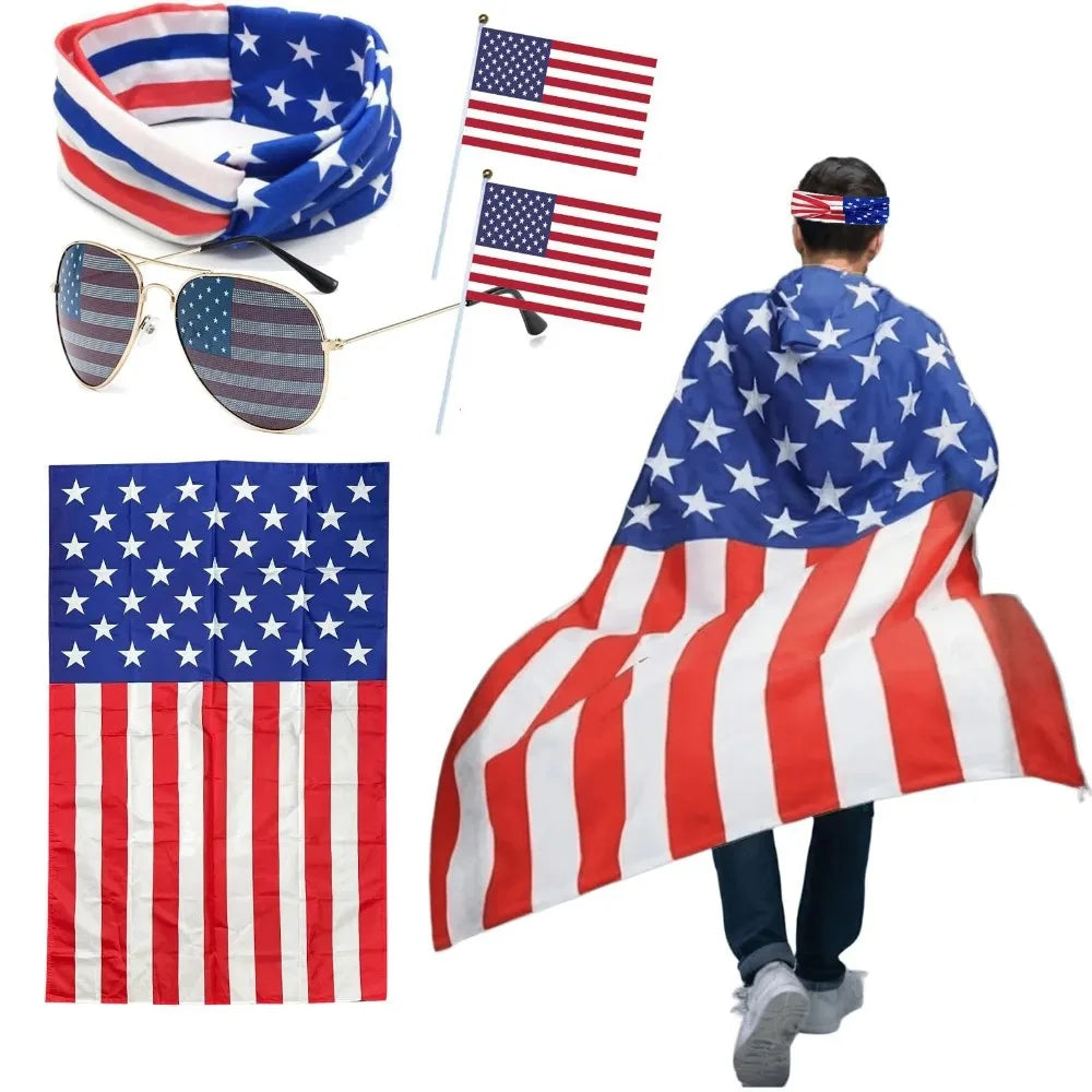 American Flag Cape Costume USA Patriotic Accessories Olympic Sports Cheering 4th of July Outfit 250th Anniversary Apparel Wigs