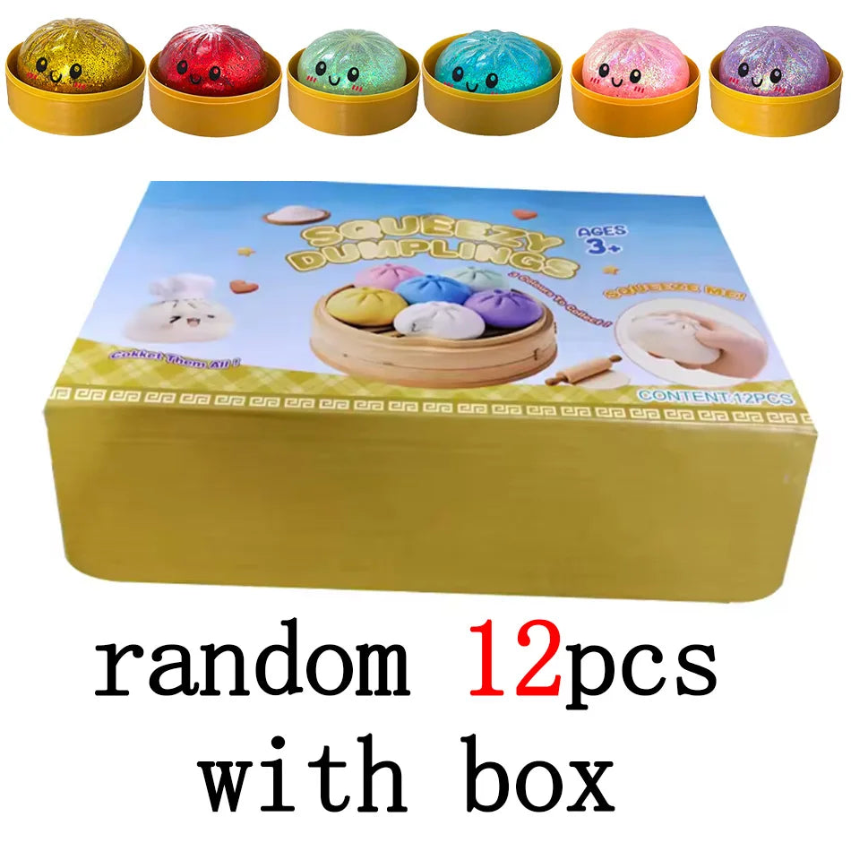 6 Styles 12pcs Colorful Glitter Dumpling Glitter Dumpling Squishy with Box Dumplings Sensory Squeeze Toy for Stress Relief Toys