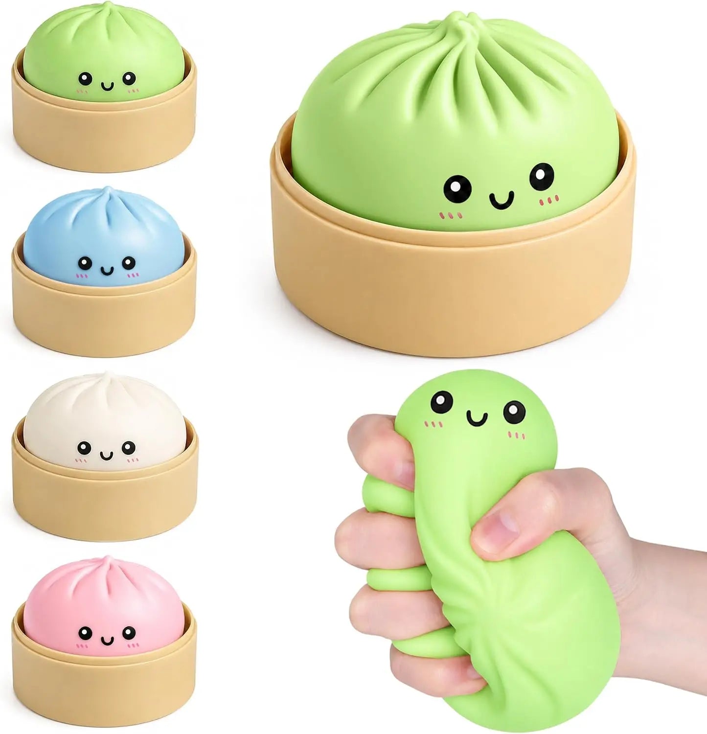 Upgraded Mystery Dumpling Squishies with Box - Crazy Fun Bao Bun Stress Ball - Sensory Food Squeeze Toys for Stress Relief - Textured Squeeze Fidget Toy for Birthday Gifts / Party Favors (White)