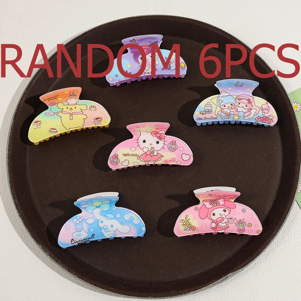 Random 6Pcs Sanrio cute cartoon daily decoration, photo-taking, gift-giving, sweet and cool style acrylic hair claw