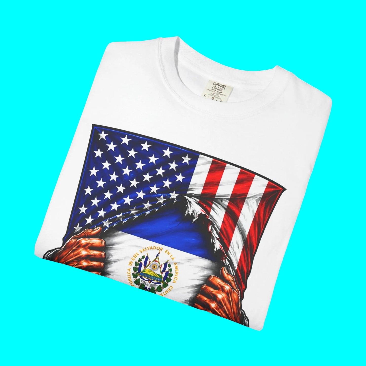 El Salvador Flag + USA Flag Heritage T-shirt | Salvadorian + American Culture Flag Rip 4th Of July | Funny Viral Latino Tees | Heavyweight Cotton