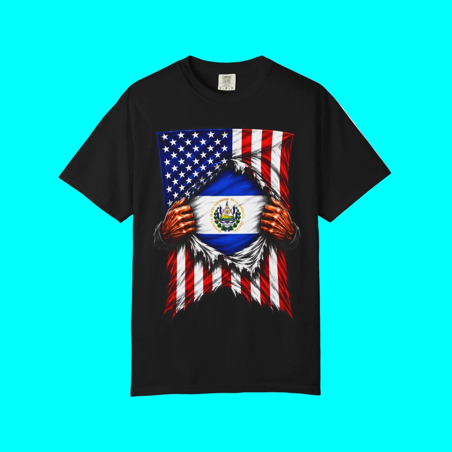 El Salvador Flag + USA Flag Heritage T-shirt | Salvadorian + American Culture Flag Rip 4th Of July | Funny Viral Latino Tees | Heavyweight Cotton