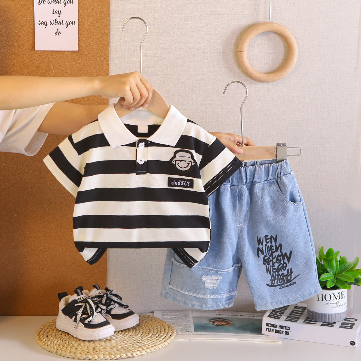 Baby striped polo shirt short sleeved two-piece set