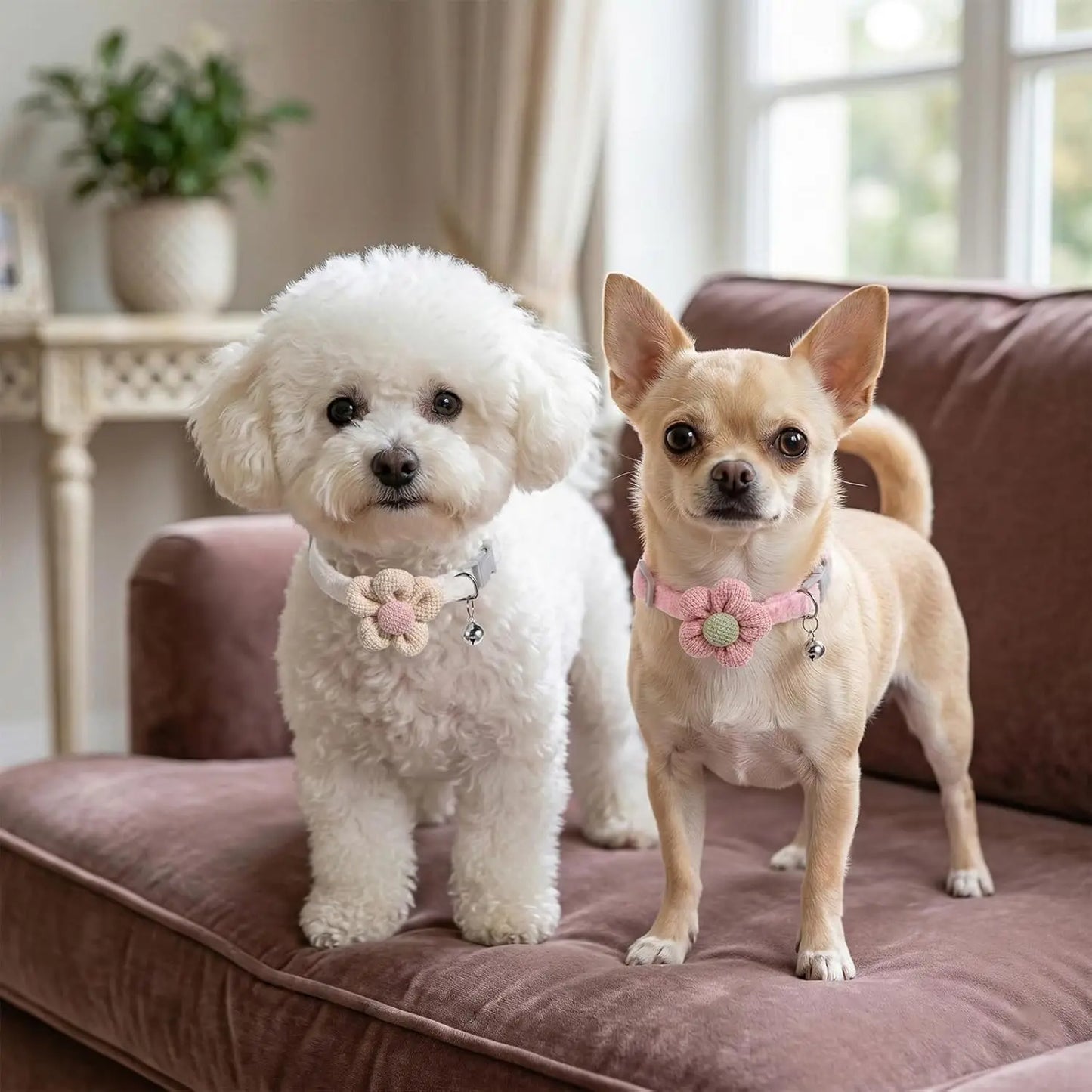 2 Pack Small Floral Dog Collar with Bell, Puppy Collar with Bell and Flower Adjustable Dog Collars Soft Safety Pet Collars