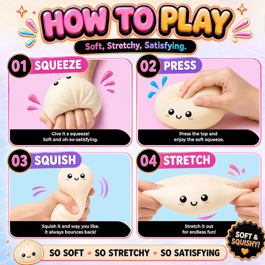 Upgraded Mystery Dumpling Squishies with Box - Crazy Fun Bao Bun Stress Ball - Sensory Food Squeeze Toys for Stress Relief - Textured Squeeze Fidget Toy for Birthday Gifts / Party Favors (White)