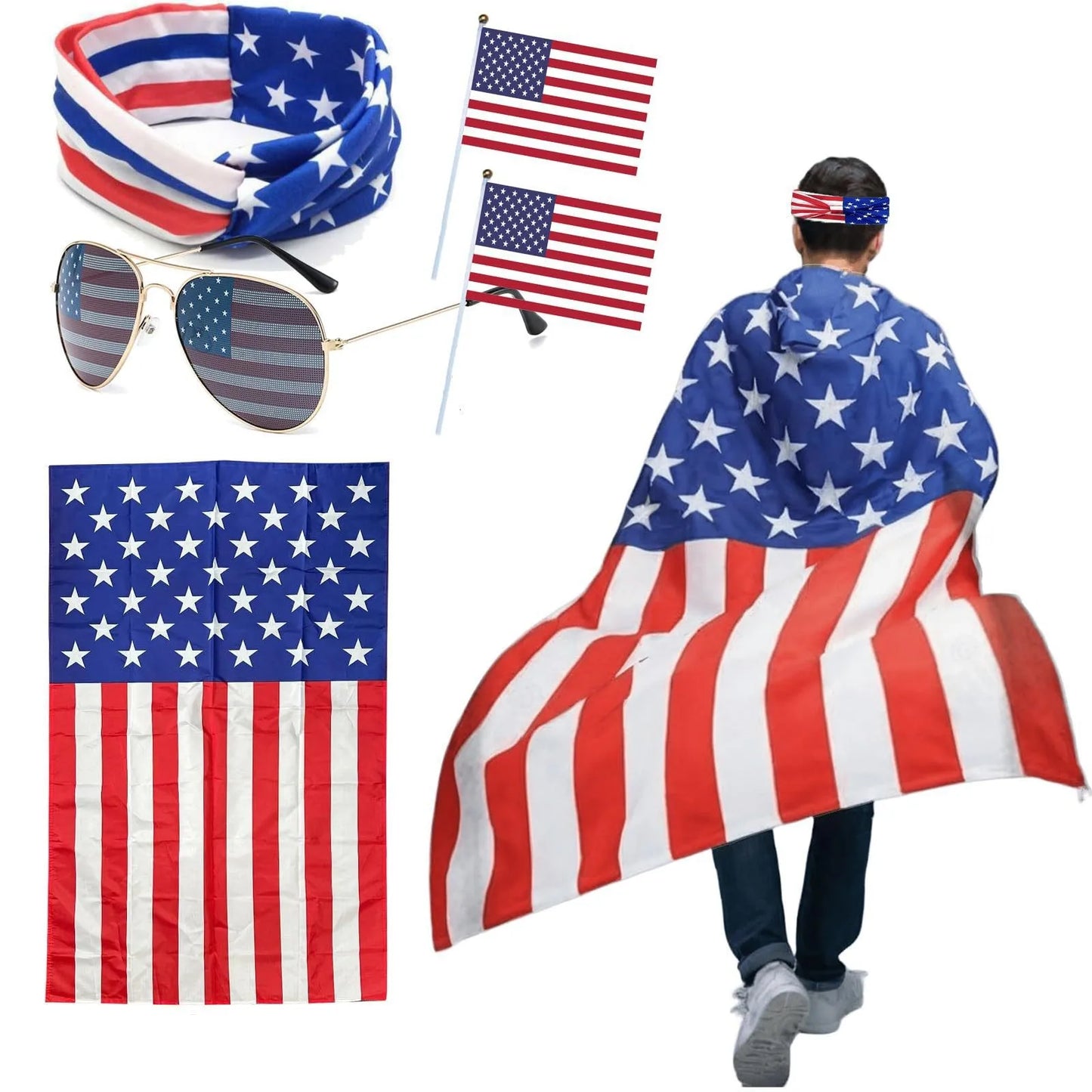 American Flag Cape Costume USA Patriotic Accessories Olympic Sports Cheering 4th of July Outfit 250th Anniversary Apparel Wigs