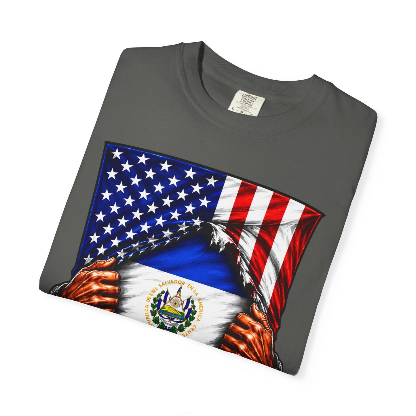 El Salvador Flag + USA Flag Heritage T-shirt | Salvadorian + American Culture Flag Rip 4th Of July | Funny Viral Latino Tees | Heavyweight Cotton