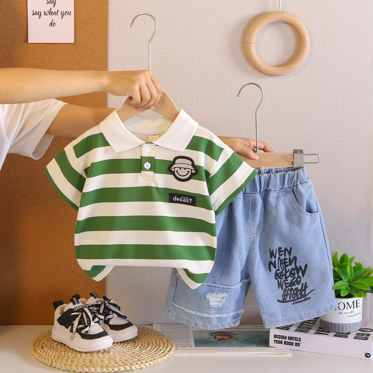 Baby striped polo shirt short sleeved two-piece set