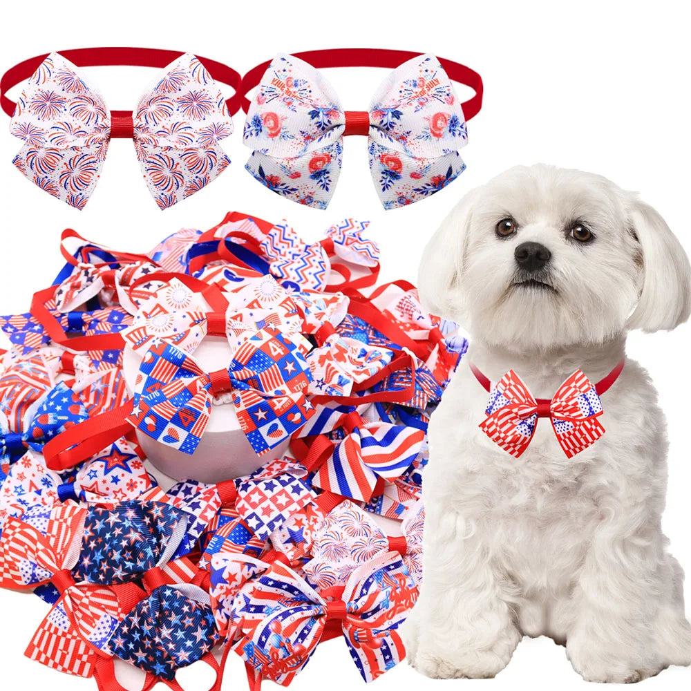 Holiday Dog Bows 5/10PCS Independence Day, July 4th Adjustable Dog Bowties Flag Print Pet Collars For Dogs and Cats Accessories