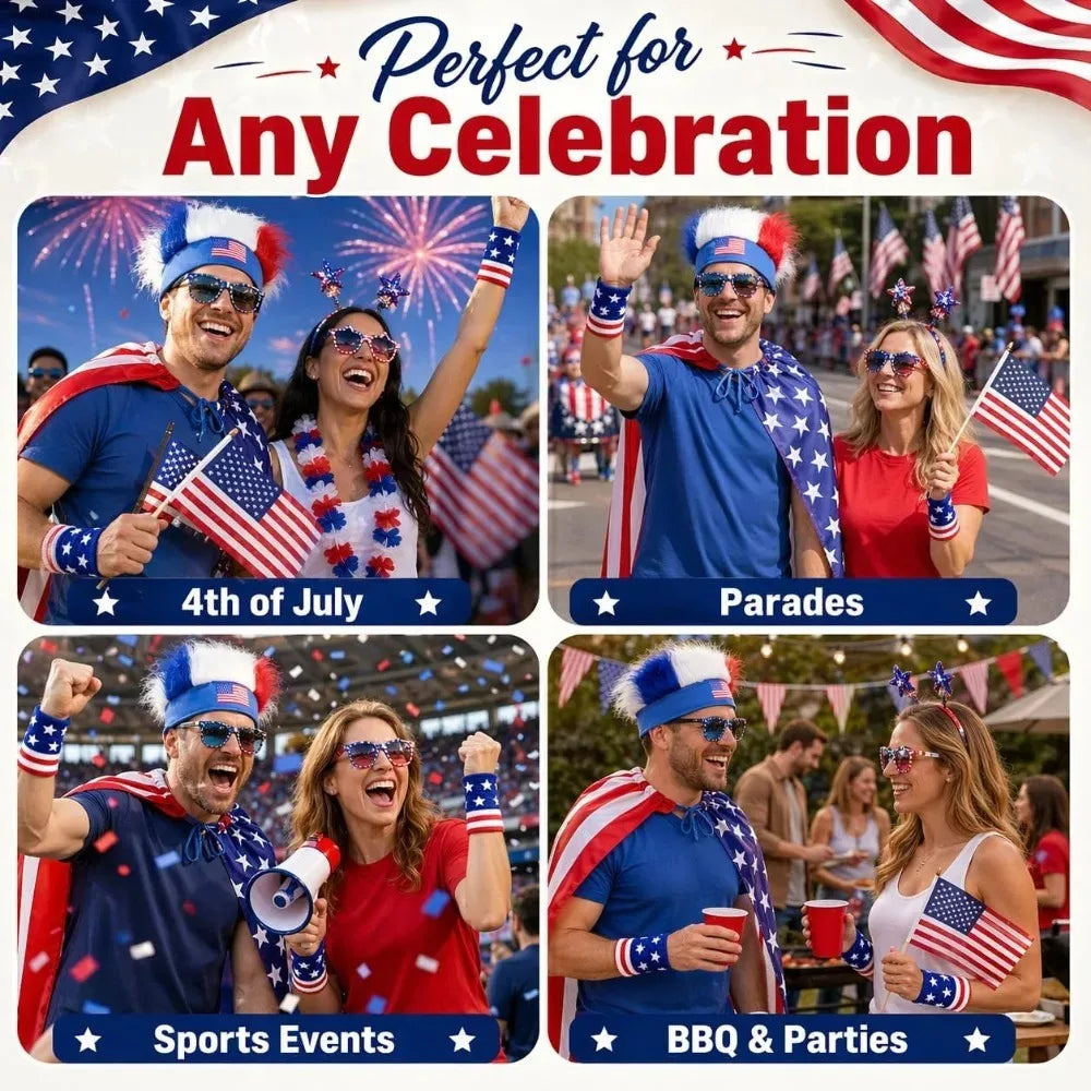 American Flag Cape Costume USA Patriotic Accessories Olympic Sports Cheering 4th of July Outfit 250th Anniversary Apparel Wigs