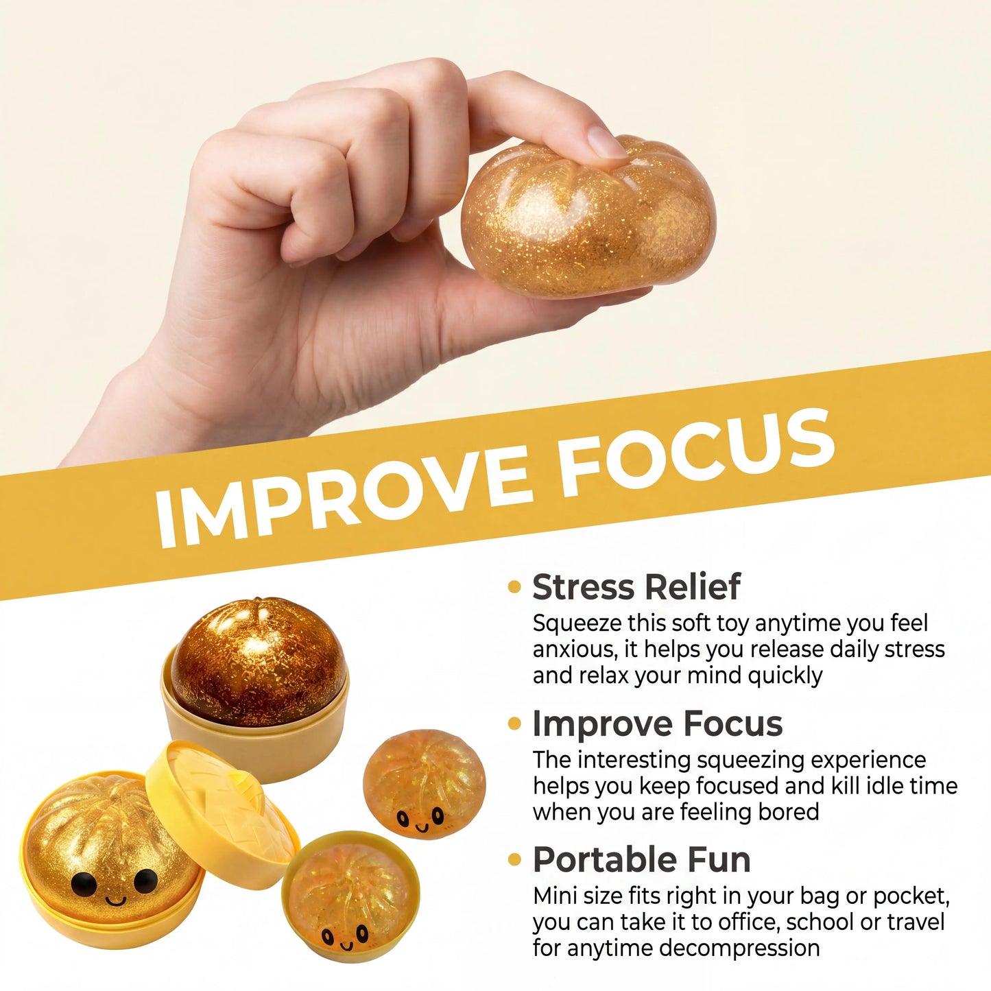 Gold Glitter Dumpling Squishy Toy Box Soft Slow Rising Fidget Toys Real Adults Anxiety Relief Squeeze Toy For Adults & Teens