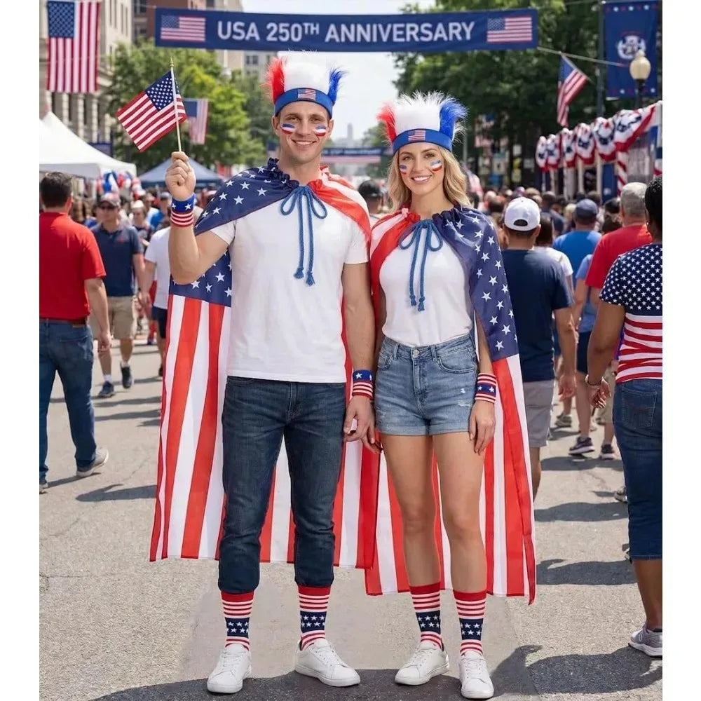 American Flag Cape Costume USA Patriotic Accessories Olympic Sports Cheering 4th of July Outfit 250th Anniversary Apparel Wigs