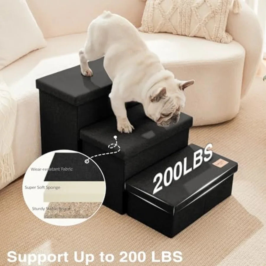 Dog Stairs with Storage, 3 Steps Wider Dog Steps for High Bed 18 H, Foldable Pet Stairs for Small Medium Large Dogs Cats for Be