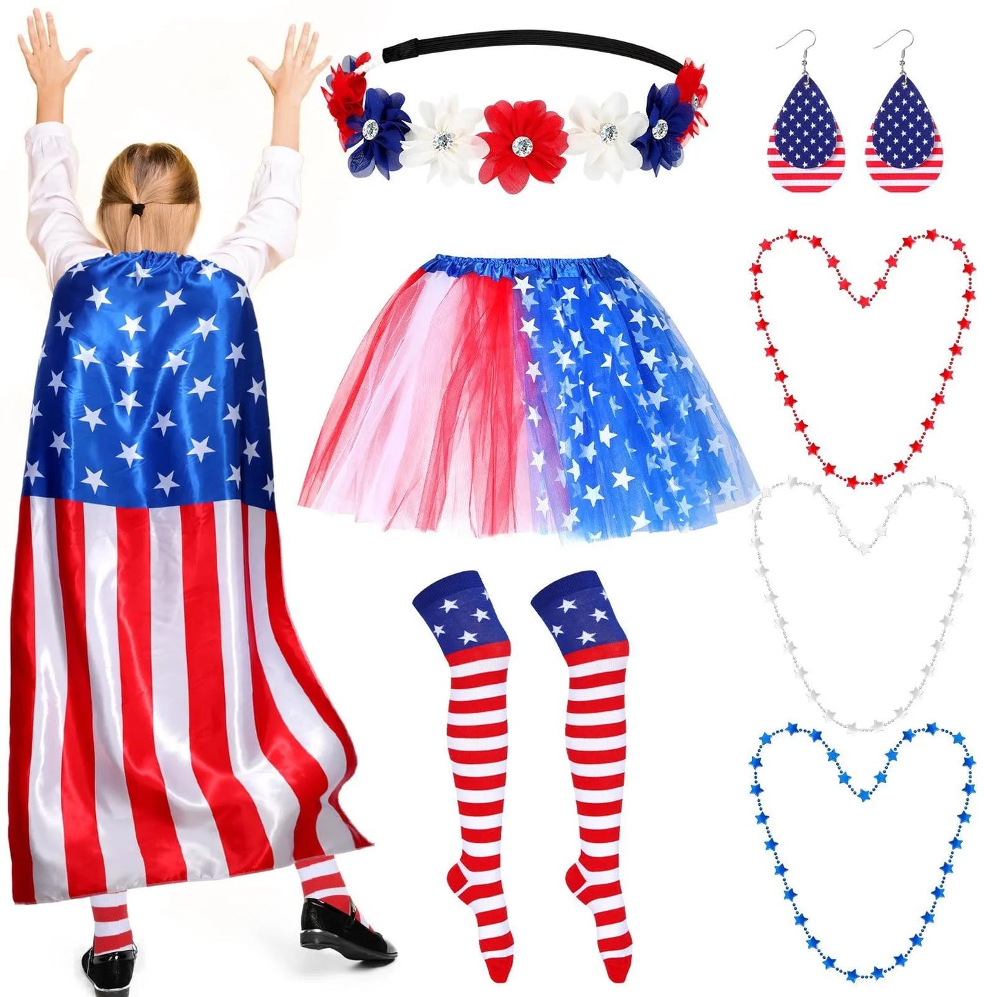 American Flag Cape Costume USA Patriotic Accessories Olympic Sports Cheering 4th of July Outfit 250th Anniversary Apparel Wigs