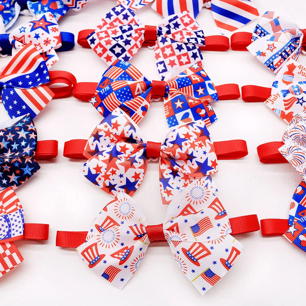 Holiday Dog Bows 5/10PCS Independence Day, July 4th Adjustable Dog Bowties Flag Print Pet Collars For Dogs and Cats Accessories
