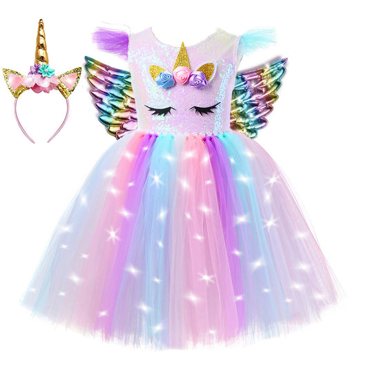 Unicorn Light-Up Princess Dress for Girls, Tulle Party Dress, Stage Costume, Frozen-Themed Outfit