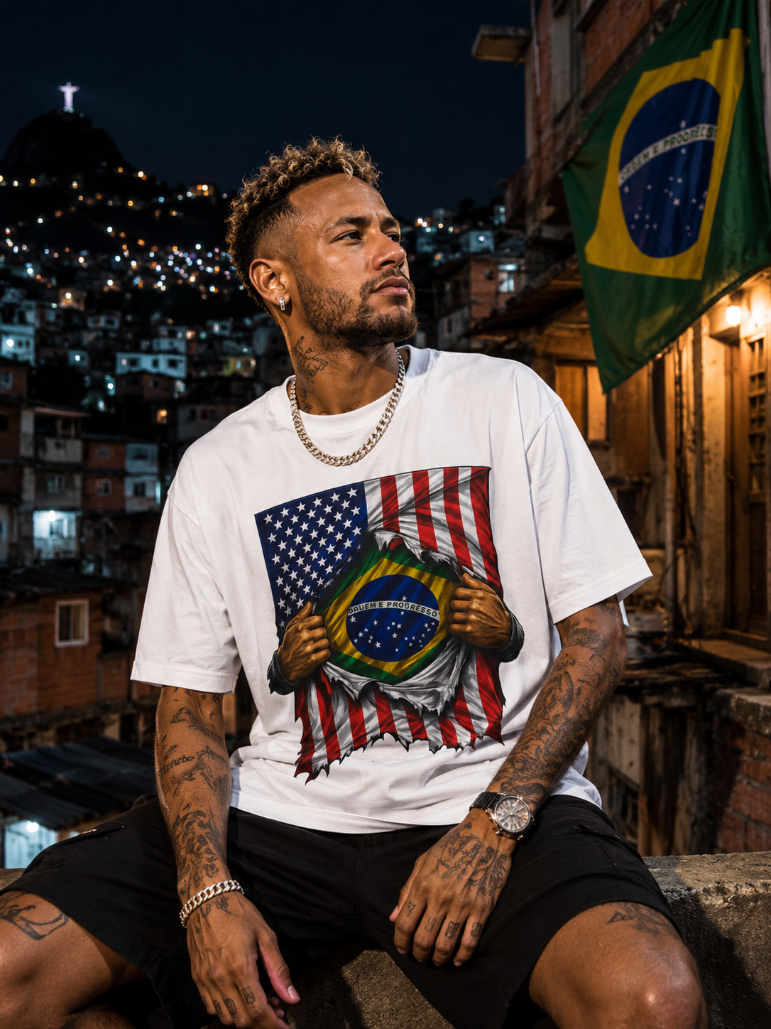 Brazil Flag + USA Flag Heritage T-shirt | Brazilian + American Culture Flag Rip 4th Of July | Funny Viral Latino Tees | Heavyweight Cotton