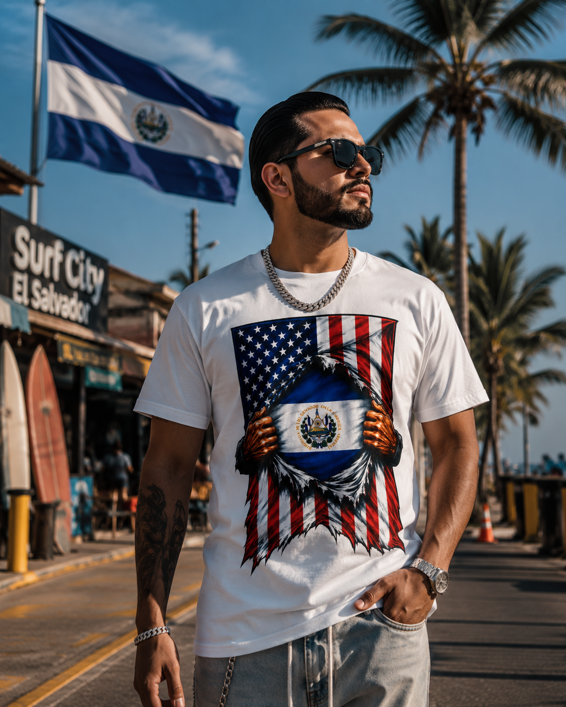 El Salvador Flag + USA Flag Heritage T-shirt | Salvadorian + American Culture Flag Rip 4th Of July | Funny Viral Latino Tees | Heavyweight Cotton