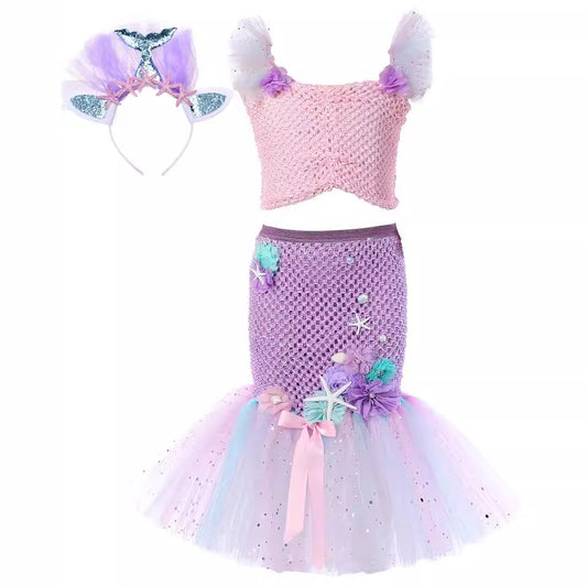 Cosplay Mermaid Sequin Tail Dress Set for Girls, Mermaid Gown Costume, Performance Dress