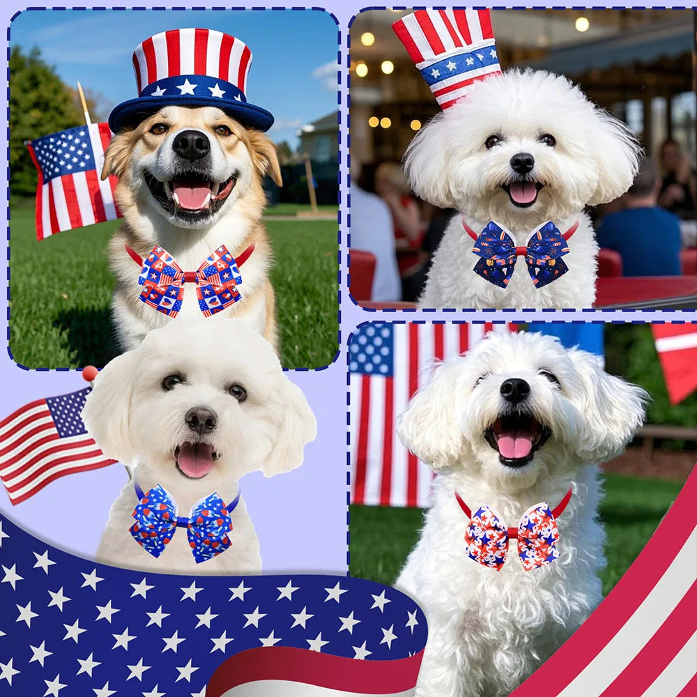 Holiday Dog Bows 5/10PCS Independence Day, July 4th Adjustable Dog Bowties Flag Print Pet Collars For Dogs and Cats Accessories