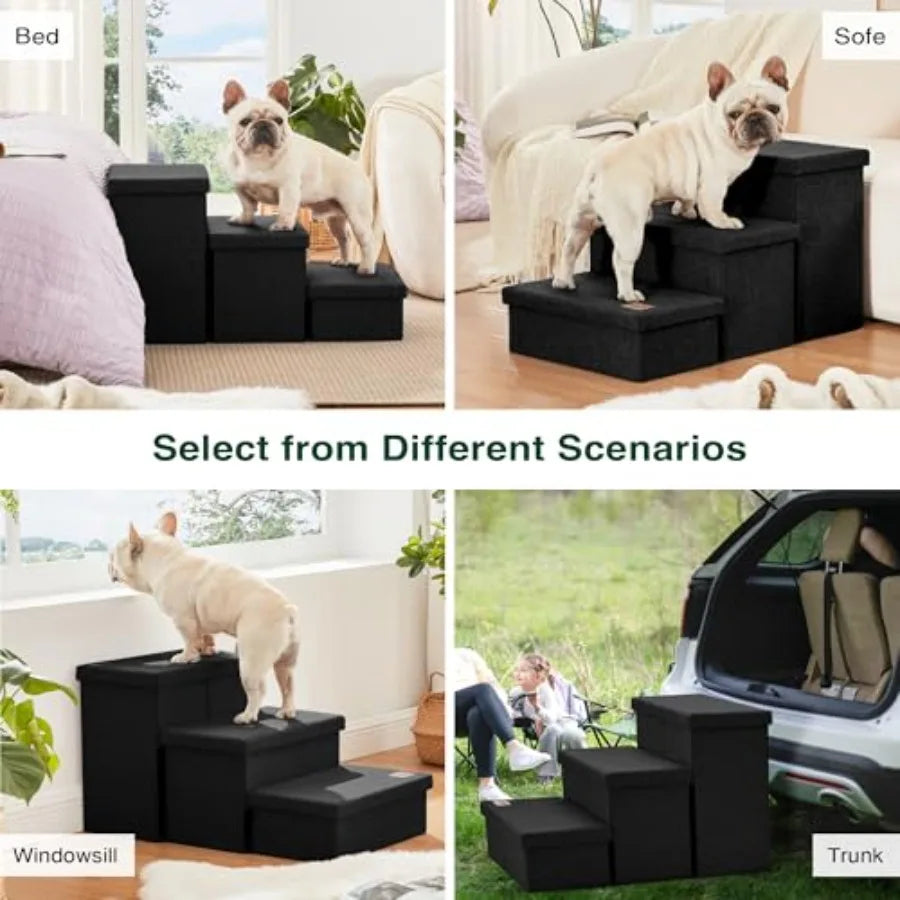 Dog Stairs with Storage, 3 Steps Wider Dog Steps for High Bed 18 H, Foldable Pet Stairs for Small Medium Large Dogs Cats for Be