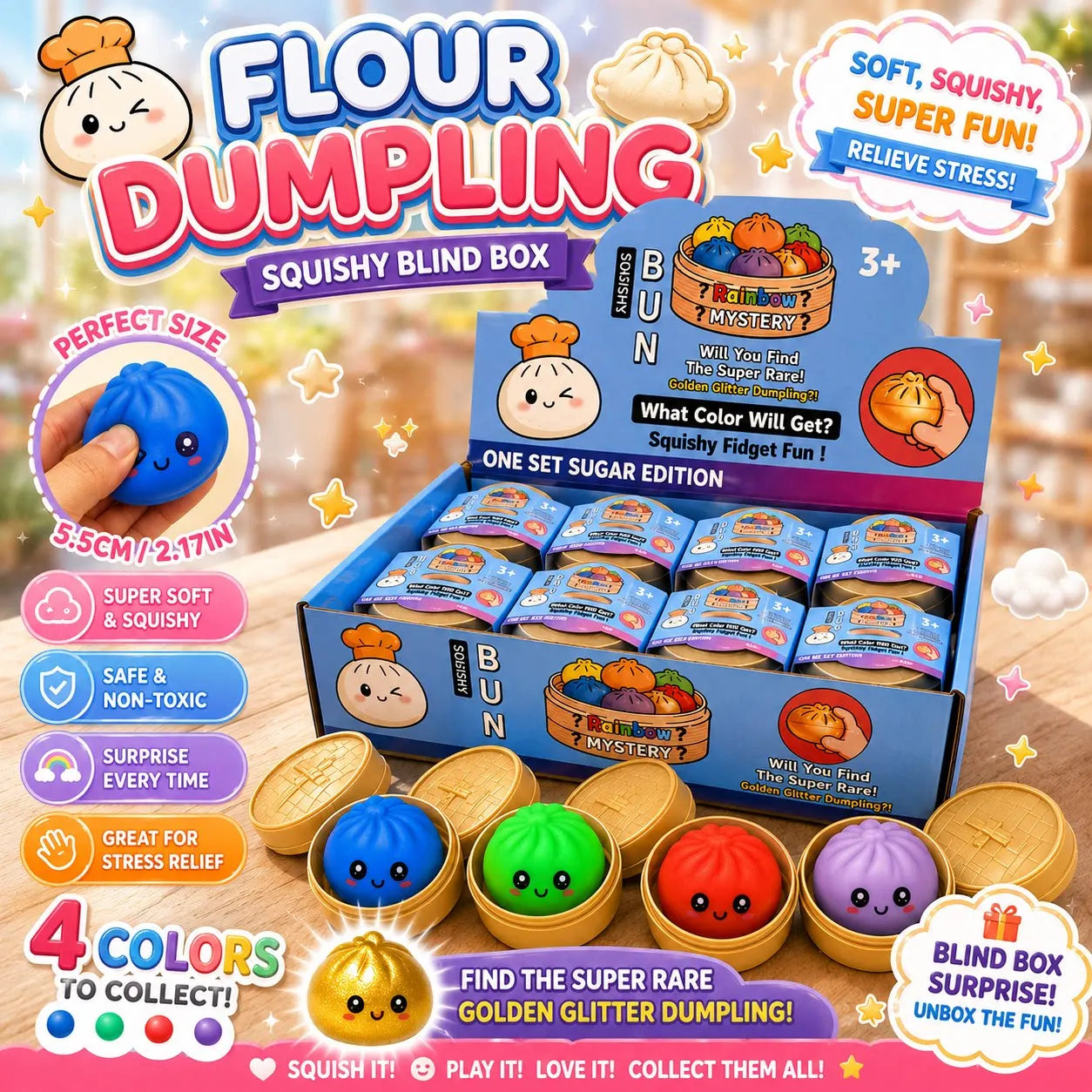 Glitter Colorful Dumpling Squishy Stress Ball Slow Rebound Squeeze Toy Decompression Prank Surprise Blind Box Gift
